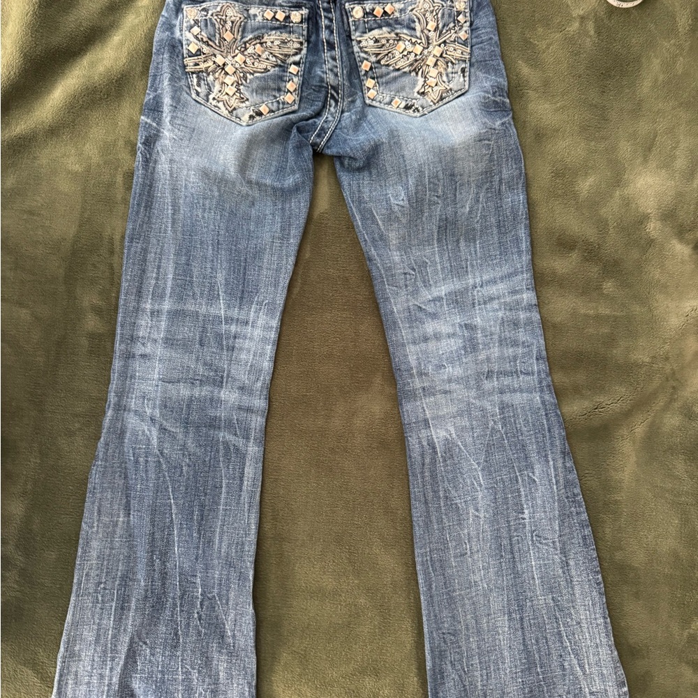 Miss Me Distressed Blue Jeans with Embellished Pockets